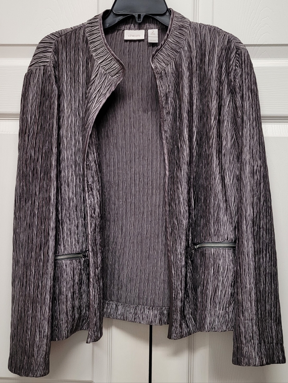 Chicos Textured Open Front Jacket in Metallic Gray